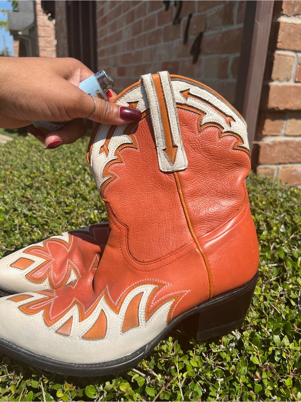 Women's Orange and Cream Western-Inspired Ankle Boots